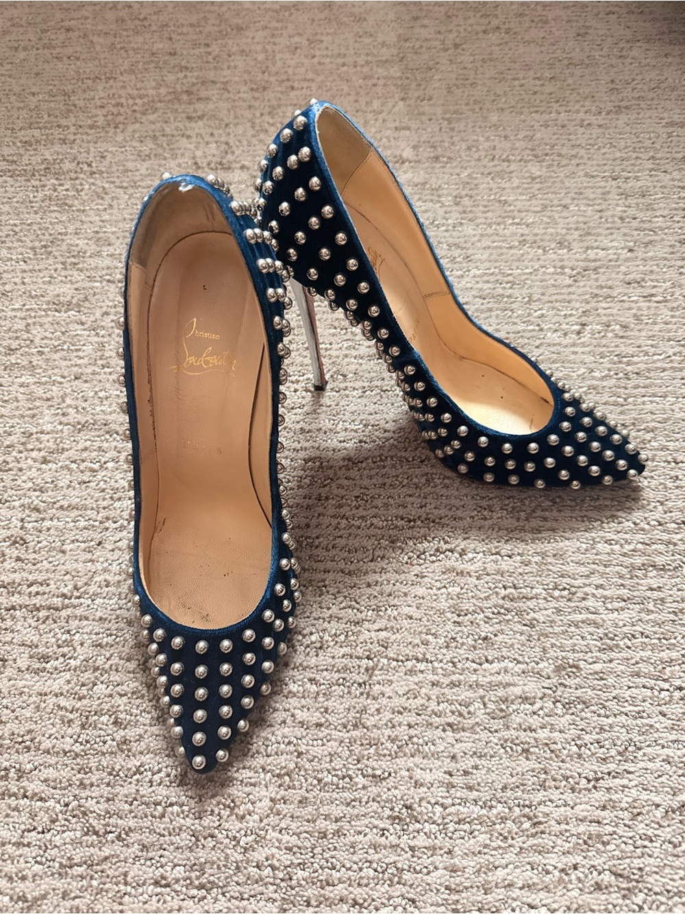 Christian Louboutin Navy Blue Studded Pointed-Toe Stiletto